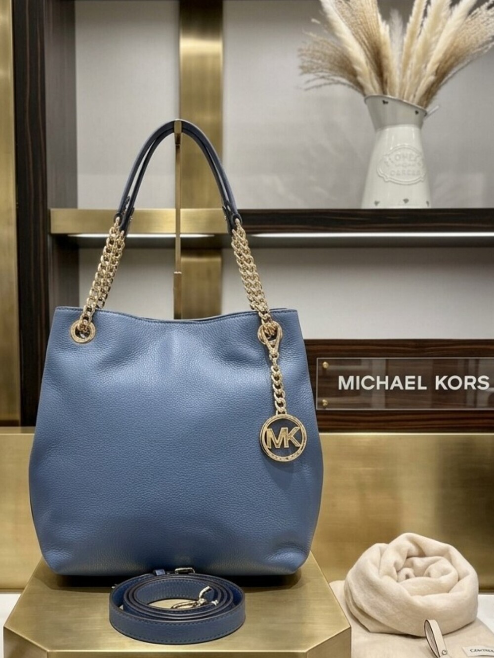 MICHAEL Michael Kors Slate‎ Blue Denim Jet Set Shoulder Hand Bag Gold Chain